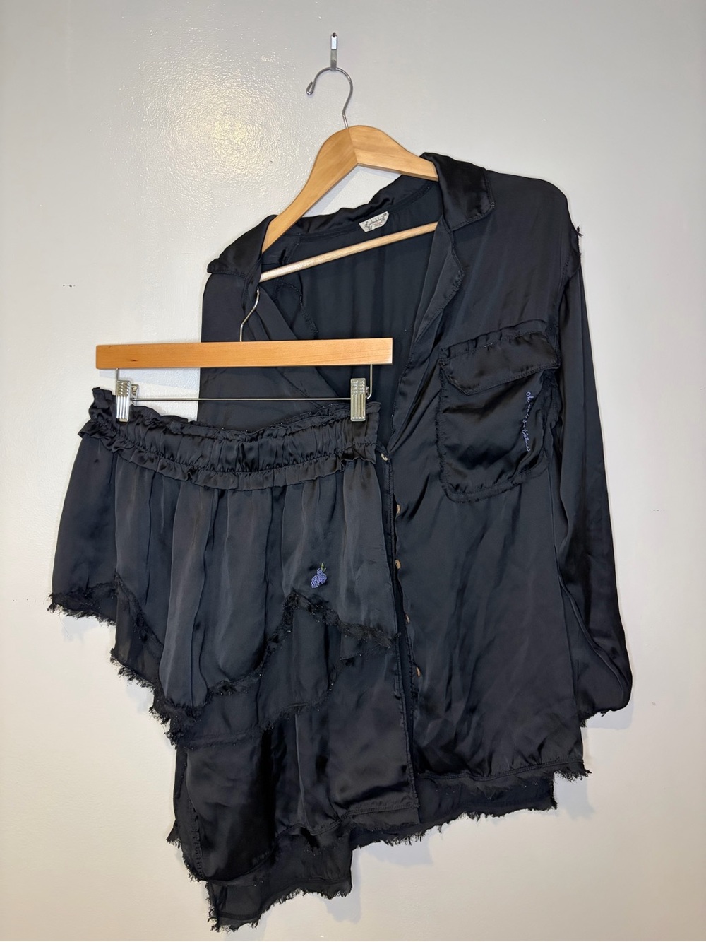 Free People Intimates Pajama Black Satin Two-Piece Lounge Set